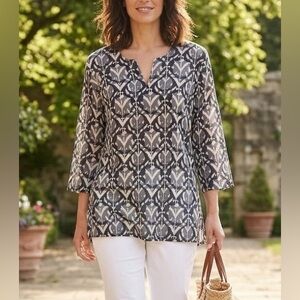 Dolma geometric print v-neck cotton tunic 3/4 sleeve relaxed fit medium